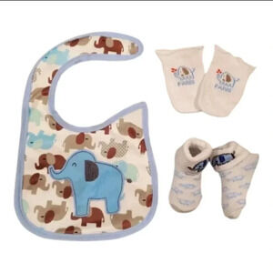 Baby Boy Gift Set Elephant Bib, Mittens, Socks Gift Set